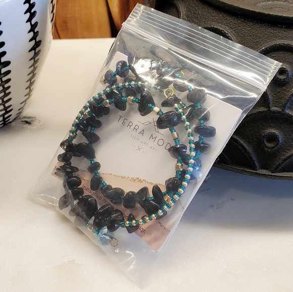 Hematite Gemstone w/ Gold & Teal Beaded Bangle Set - Picture 9 of 9